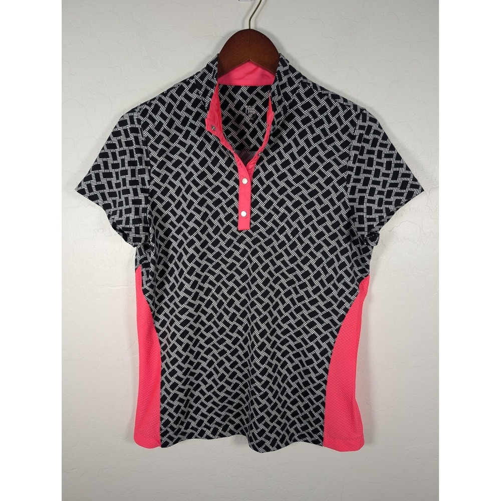 Tail Polo Shirt Womens Medium Black Pink Geometric Snap Golf Top Short Sleeve